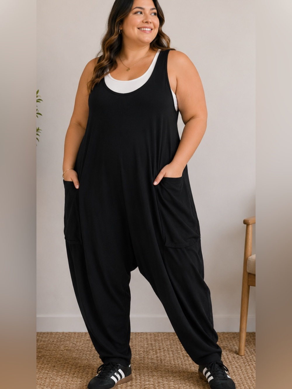Anrabess • Sleeveless • Black • Harem Jumpsuit with Pockets • XXL
